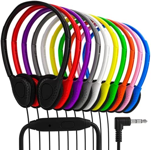 50 Pack Multi Color Kid's Wired Microphone On Ear Headphones, Individually Bagged, Disposable Headphones with Mic Ideal for Students in Classroom Libraries Schools, Bulk Wholesale