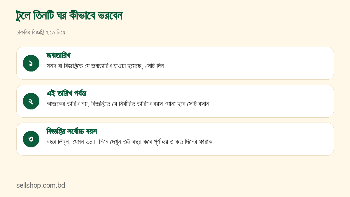 টুলের জন্মতারিখ, এই তারিখ পর্যন্ত ও বিজ্ঞপ্তির সর্বোচ্চ বয়স ঘর ভরার তিন ধাপ