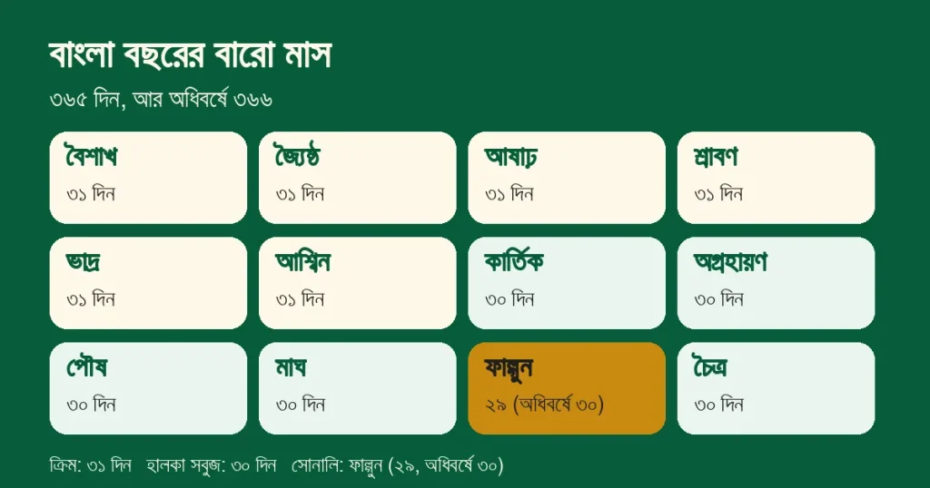 বারো বাংলা মাসের ঘর, প্রতিটিতে দিনসংখ্যা, ফাল্গুন সোনালি রঙে: ২৯, অধিবর্ষে ৩০