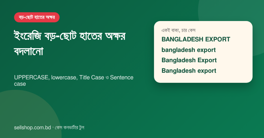 একই বাক্য চার কেসে: সব বড় হাতের, সব ছোট হাতের, টাইটেল কেস ও বাক্যের কেস