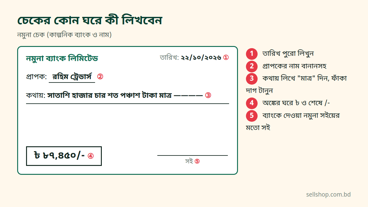 নমুনা চেকে তারিখ, প্রাপক, কথায় টাকা, অঙ্কে টাকা ও সইয়ের ঘর নম্বর দিয়ে চিহ্নিত