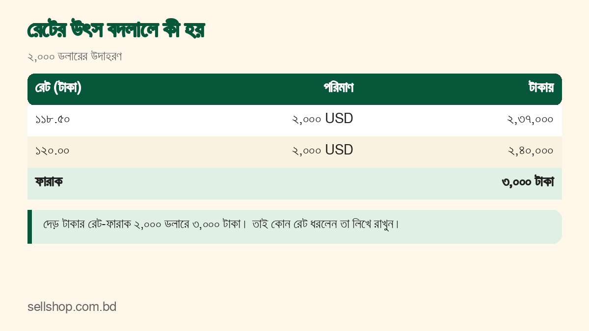 ২,০০০ ডলারকে ১১৮.৫০ ও ১২০ রেটে হিসাবের তুলনা