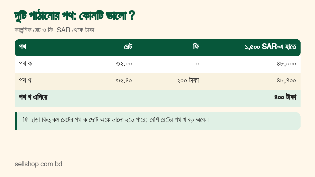 রেট ও ফি মিলিয়ে দুটি পাঠানোর পথের তুলনার ছক