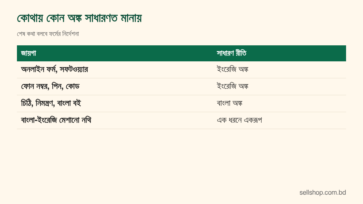 ফর্ম, ফোন নম্বর, তারিখ, টাকার অঙ্ক ও বই-চিঠিতে কোন অঙ্ক সাধারণত মানানসই তার ছক
