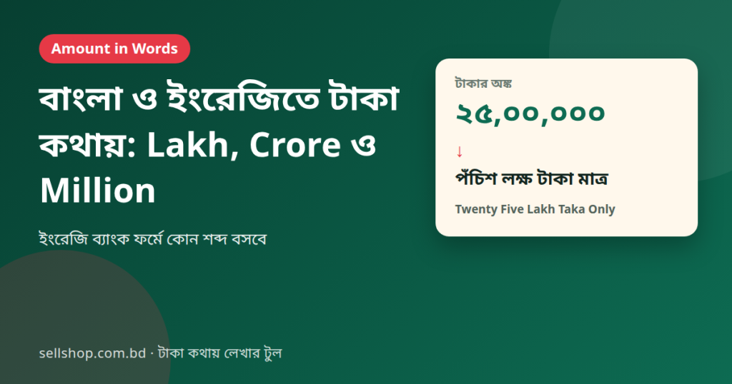 টাকা ইংরেজিতে কথায় লেখা: ২৫,০০,০০০ টাকা Twenty Five Lakh Taka Only