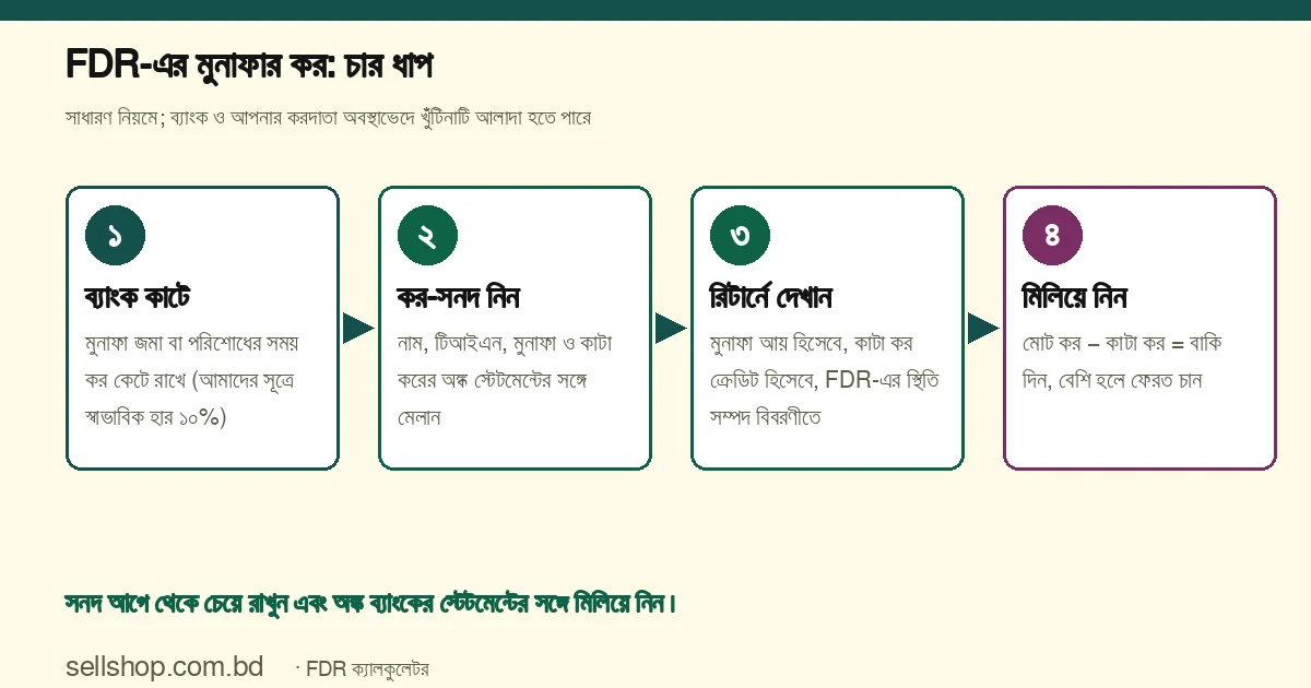 FDR-এর মুনাফার করের চার ধাপ: ব্যাংক মুনাফা জমা বা পরিশোধের সময় কর কাটে; কর-সনদ নিন; রিটার্নে মুনাফা আয় হিসেবে দেখান ও কাটা কর বসান; মোট কর থেকে কাটা কর বাদ দিয়ে বাকি দিন বা ফেরত চান