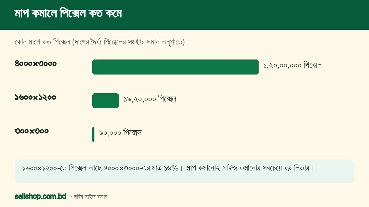 তিনটি মাপে পিক্সেলের সংখ্যার তুলনা: ৪০০০×৩০০০, ১৬০০×১২০০ ও ৩০০×৩০০