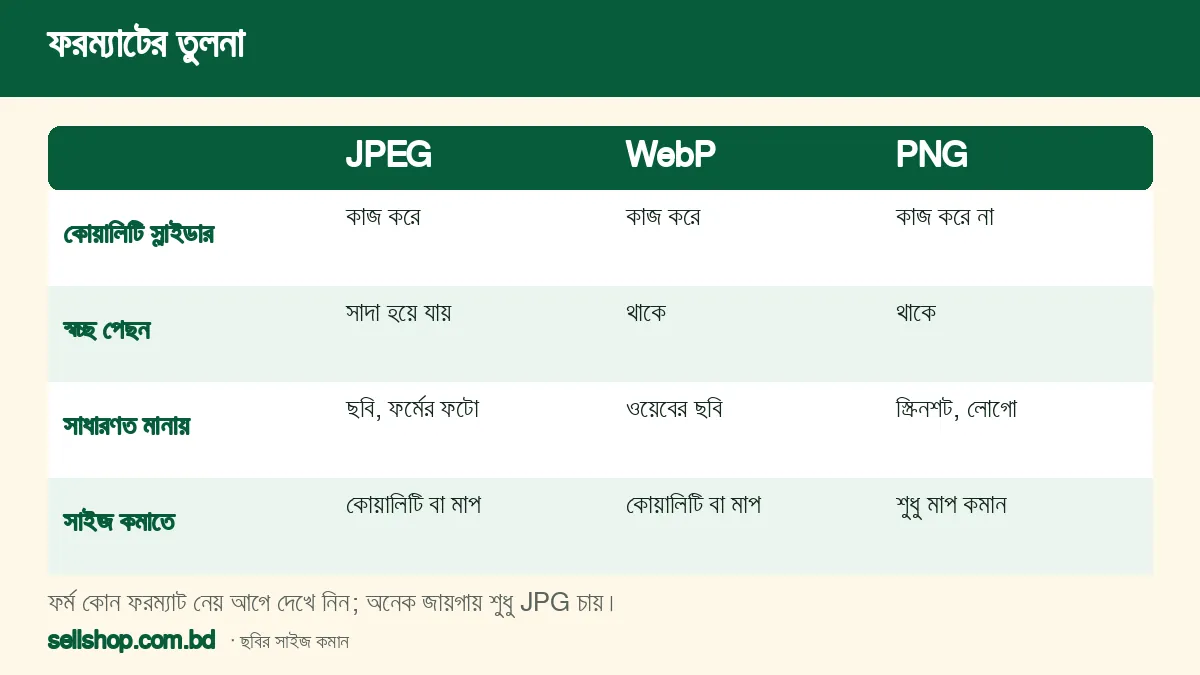 JPEG, WebP ও PNG-র তুলনা: কোয়ালিটি স্লাইডার, স্বচ্ছ পেছন, মানানসই কাজ ও সাইজ কমানোর উপায়