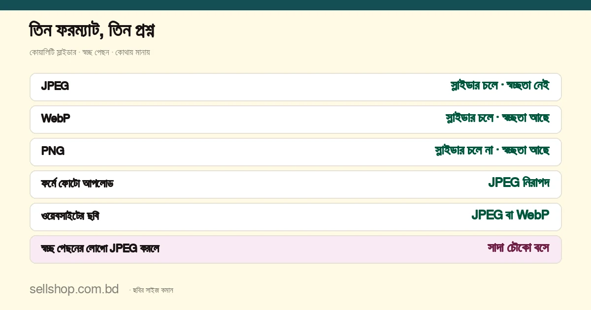 তিন ফরম্যাটের তুলনা: JPEG লসি, কোয়ালিটি স্লাইডার কাজ করে, স্বচ্ছতা রাখে না; WebP লসি, স্লাইডার কাজ করে, স্বচ্ছতা রাখে, সব জায়গায় নাও চলতে পারে; PNG লসলেস, স্লাইডার কাজ করে না, স্বচ্ছতা রাখে, সাইজ কমাতে শুধু মাপ কমানো যায়