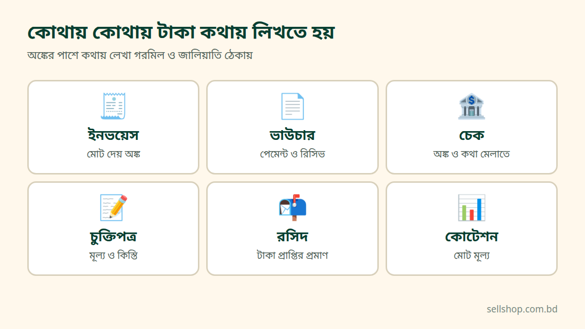 ইনভয়েস, ভাউচার, চেক, চুক্তিপত্র, রসিদ ও কোটেশনে টাকা কথায় লেখার ছয়টি জায়গা