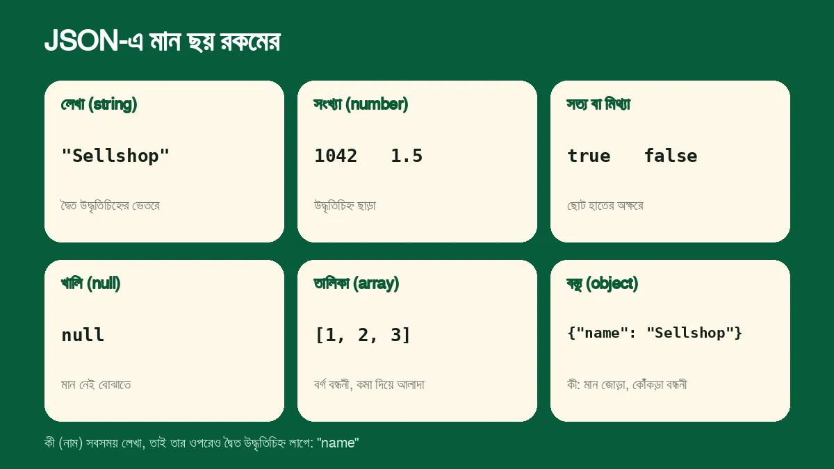 JSON-এর ছয় রকম মান: লেখা, সংখ্যা, সত্য বা মিথ্যা, খালি, তালিকা ও বস্তু, প্রতিটির একটি করে উদাহরণ