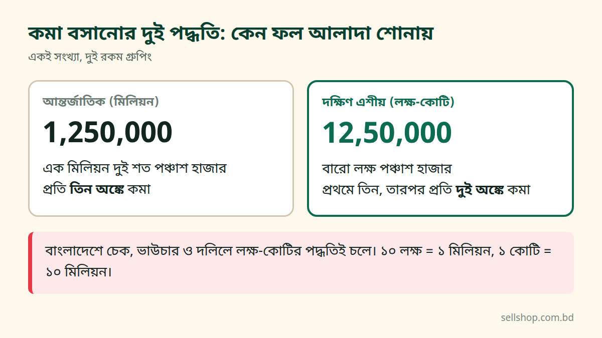 ১২,৫০,০০০ ও 1,250,000: কমা বসানোর দুই পদ্ধতির তুলনা