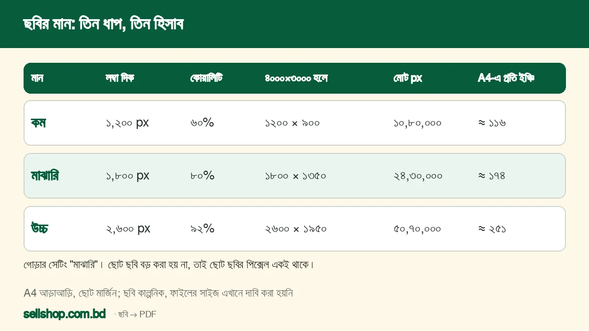 কম, মাঝারি ও উচ্চ মানে ছবির লম্বা দিক ১২০০, ১৮০০ ও ২৬০০ পিক্সেল, আর A4-এ আন্দাজ ঘনত্ব