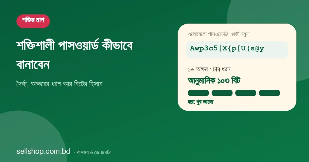 একটি এলোমেলো পাসওয়ার্ডের নমুনা, ১৬ অক্ষর, আনুমানিক ১০৩ বিট, শক্তি খুব ভালো