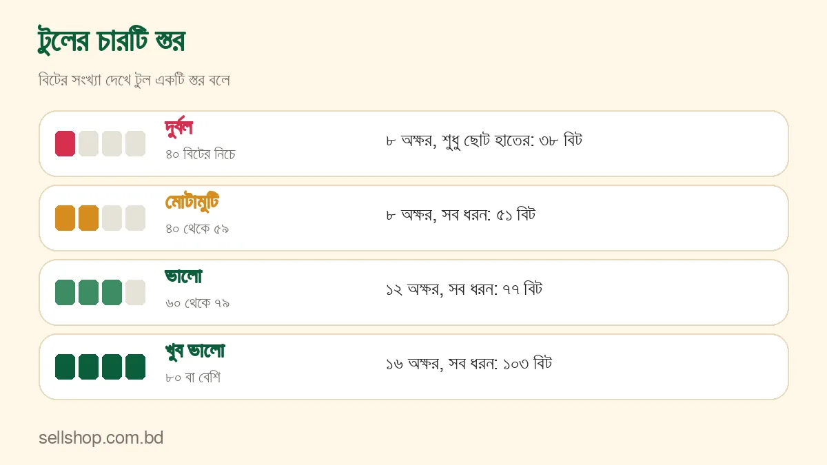 টুলের চারটি স্তর: দুর্বল, মোটামুটি, ভালো ও খুব ভালো, প্রতিটির বিটসীমা ও উদাহরণ