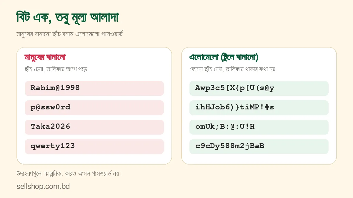 মানুষের বানানো চেনা ছাঁচের পাসওয়ার্ড আর টুলে বানানো এলোমেলো পাসওয়ার্ডের পাশাপাশি তুলনা
