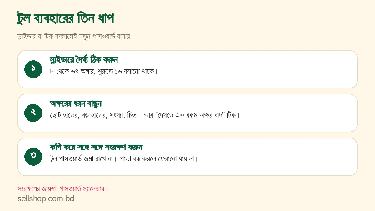 টুল ব্যবহারের তিন ধাপ: দৈর্ঘ্য ঠিক করা, অক্ষরের ধরন বাছা, কপি করে সংরক্ষণ