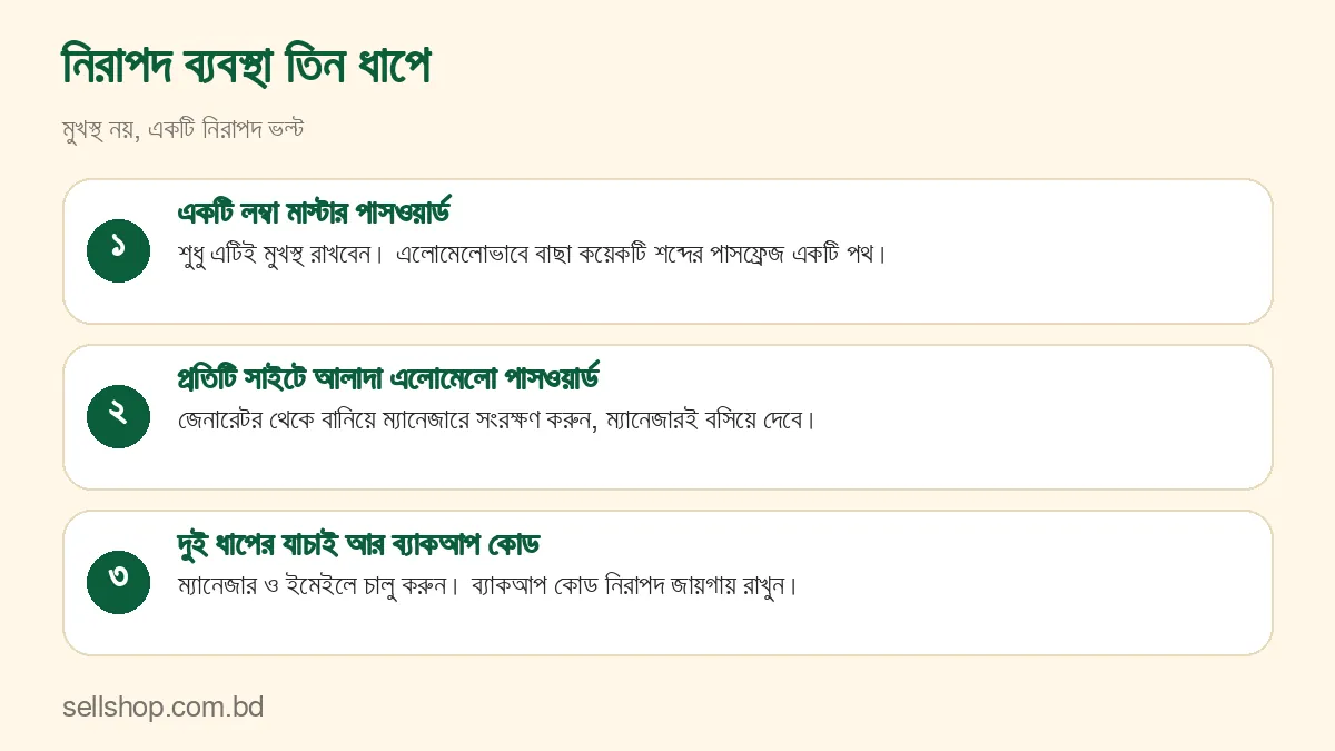 নিরাপদ ব্যবস্থার তিন ধাপ: লম্বা মাস্টার পাসওয়ার্ড, আলাদা পাসওয়ার্ড, দুই ধাপের যাচাই