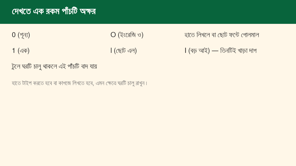 দেখতে এক রকম পাঁচটি অক্ষর: শূন্য ও ও, এক, ছোট এল ও বড় আই