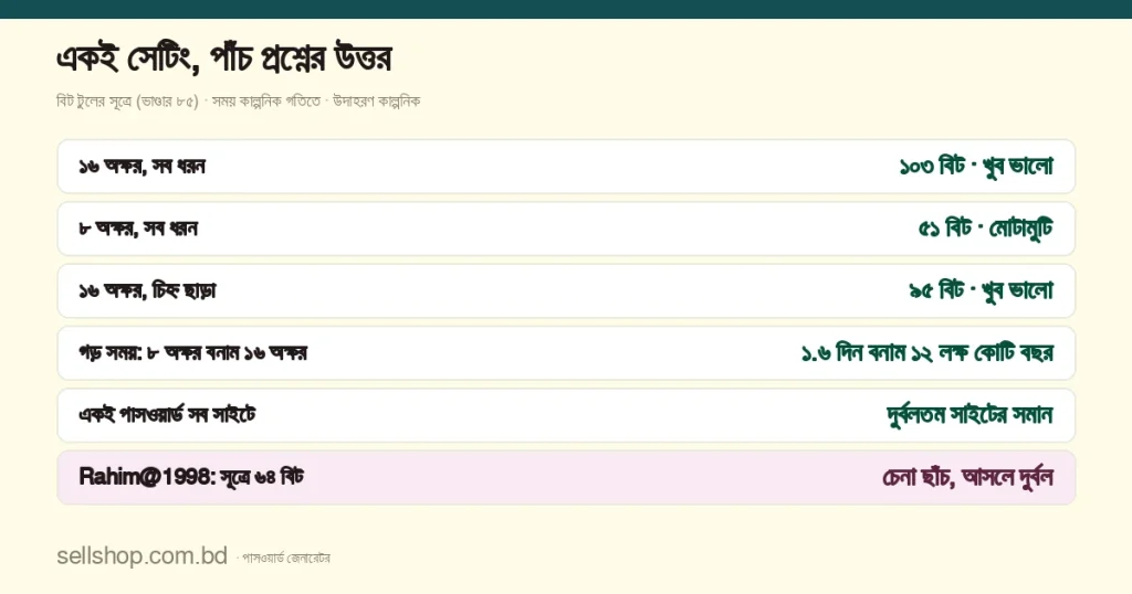 পাসওয়ার্ডের পাঁচ প্রশ্নের উত্তর এক নজরে: ১৬ অক্ষরে সব ধরনে আনুমানিক ১০৩ বিট ও খুব ভালো স্তর, ৮ অক্ষরে ৫১ বিট ও মোটামুটি, চিহ্ন ছাড়া ১৬ অক্ষরে ৯৫ বিট, কাল্পনিক গতিতে ৮ অক্ষর গড়ে প্রায় ১.৬ দিন টেকে আর ১৬ অক্ষর প্রায় ১২ লক্ষ কোটি বছর, নাম আর সাল মেশানো ছাঁচের পাসওয়ার্ড বিট বেশি দেখালেও দুর্বল, আর একই পাসওয়ার্ড সব সাইটে থাকলে নিরাপত্তা সবচেয়ে দুর্বল সাইটের সমান