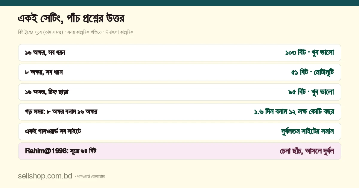 পাসওয়ার্ডের পাঁচ প্রশ্নের উত্তর এক নজরে: ১৬ অক্ষরে সব ধরনে আনুমানিক ১০৩ বিট ও খুব ভালো স্তর, ৮ অক্ষরে ৫১ বিট ও মোটামুটি, চিহ্ন ছাড়া ১৬ অক্ষরে ৯৫ বিট, কাল্পনিক গতিতে ৮ অক্ষর গড়ে প্রায় ১.৬ দিন টেকে আর ১৬ অক্ষর প্রায় ১২ লক্ষ কোটি বছর, নাম আর সাল মেশানো ছাঁচের পাসওয়ার্ড বিট বেশি দেখালেও দুর্বল, আর একই পাসওয়ার্ড সব সাইটে থাকলে নিরাপত্তা সবচেয়ে দুর্বল সাইটের সমান