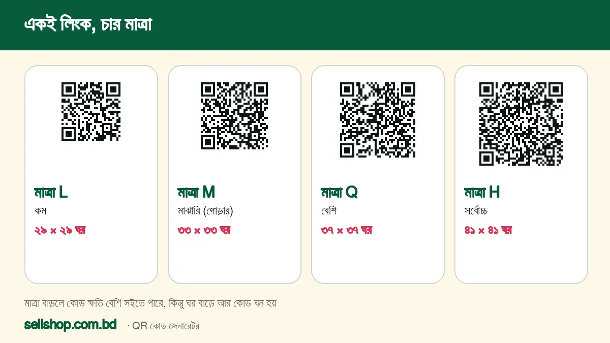একই লিংকের L, M, Q ও H মাত্রার চারটি কোড, ঘর যথাক্রমে ২৯, ৩৩, ৩৭ ও ৪১