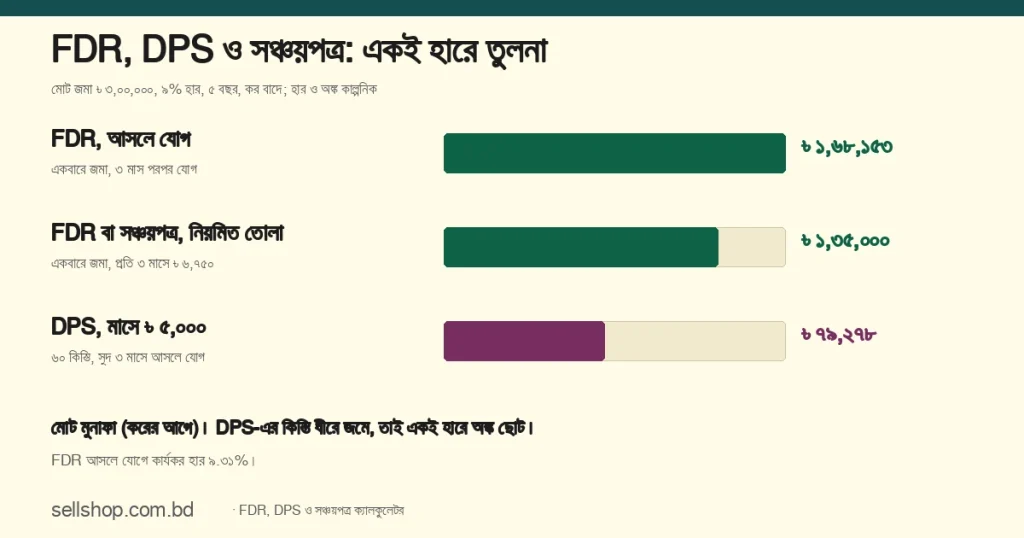 একই ৯% হারে ৫ বছরে মোট জমা ৳ ৩,০০,০০০: FDR আসলে যোগে মুনাফা ৳ ১,৬৮,১৫৩, নিয়মিত তোলায় ৳ ১,৩৫,০০০, DPS-এ ৳ ৭৯,২৭৮