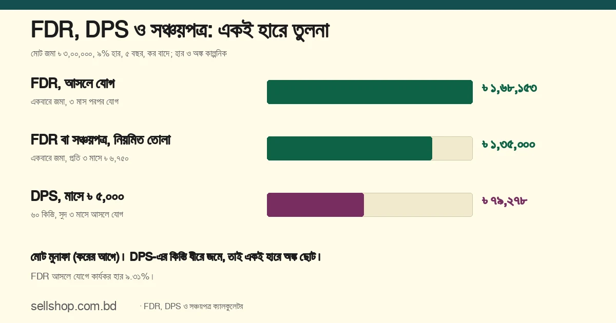 একই ৯% হারে ৫ বছরে মোট জমা ৳ ৩,০০,০০০: FDR আসলে যোগে মুনাফা ৳ ১,৬৮,১৫৩, নিয়মিত তোলায় ৳ ১,৩৫,০০০, DPS-এ ৳ ৭৯,২৭৮