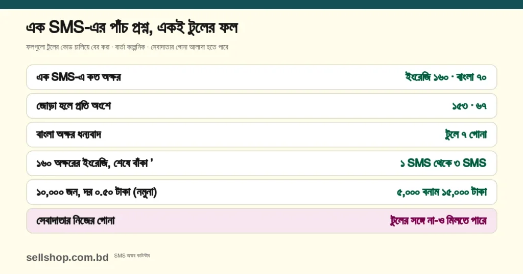 SMS-এর পাঁচ প্রশ্নের উত্তর এক নজরে: এক SMS-এ ইংরেজি ১৬০ ও বাংলা ৭০ অক্ষর, জোড়া হলে প্রতি অংশে ১৫৩ ও ৬৭; ধন্যবাদ শব্দ টুলে ৭ গোনা হয়; ১৬০ অক্ষরের ইংরেজি বার্তার শেষে একটি বাঁকা উদ্ধৃতি এলে ১ SMS থেকে ৩ SMS হয়; ১০,০০০ জনের প্রচারে নমুনা দরে ৫,০০০ বনাম ১৫,০০০ টাকা; সেবাদাতার গোনা টুলের সঙ্গে না-ও মিলতে পারে