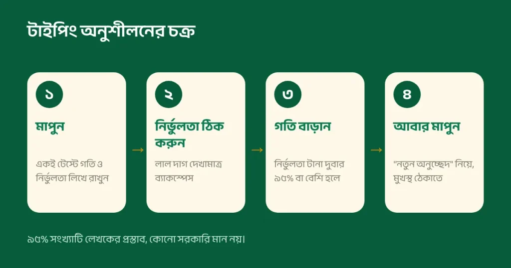 অনুশীলনের চার ধাপের চক্র: মাপুন, নির্ভুলতা ঠিক করুন, গতি বাড়ান, নতুন অনুচ্ছেদে আবার মাপুন